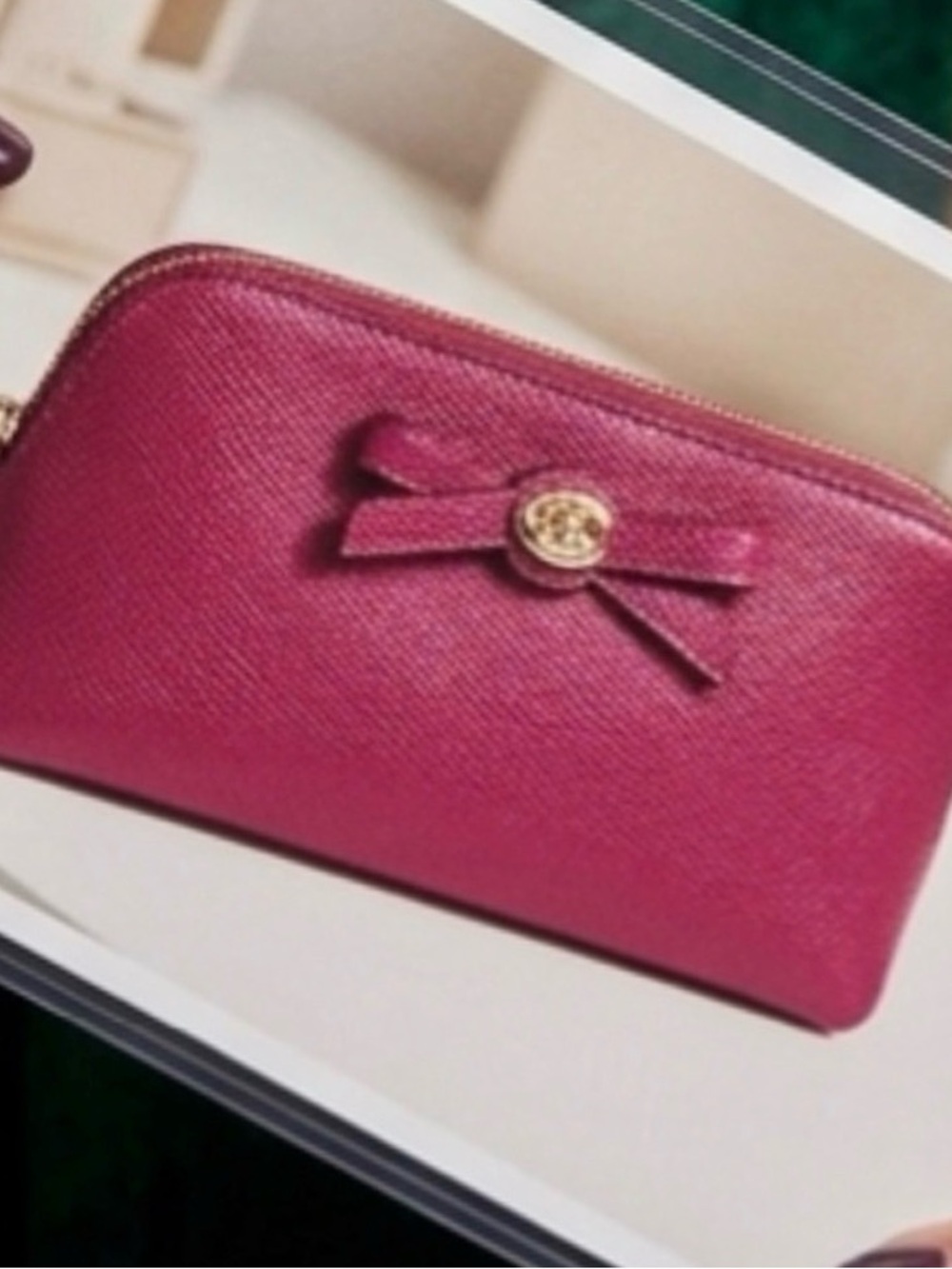Coach Fuchsia Leather Bow Zip Cosmetic Pouch